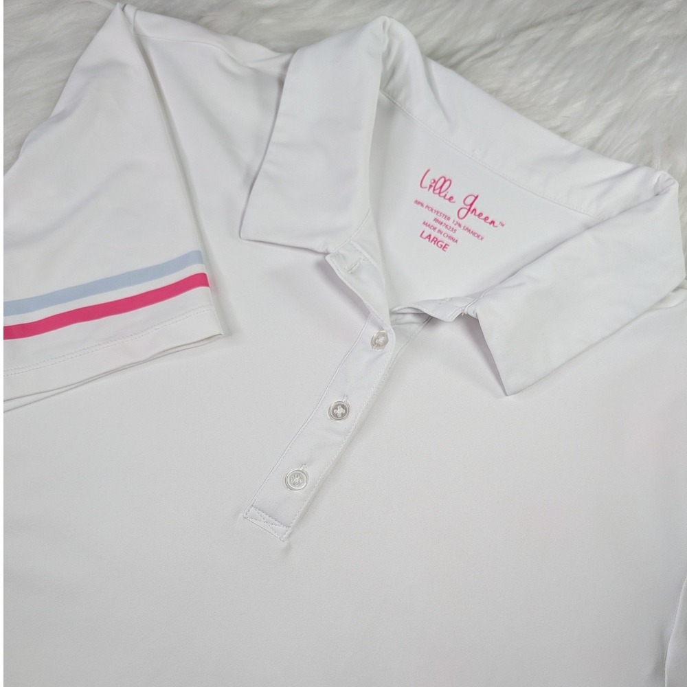 Lillie Green Polo Shirt Women Large White Pink Blue Stripe Golf Short Sleeve L
